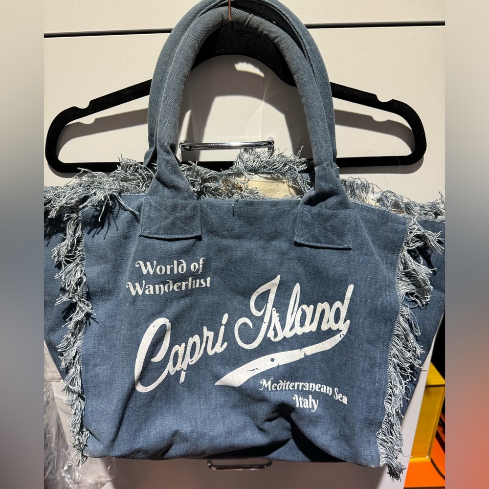 Capri Island beach denim tote bag
